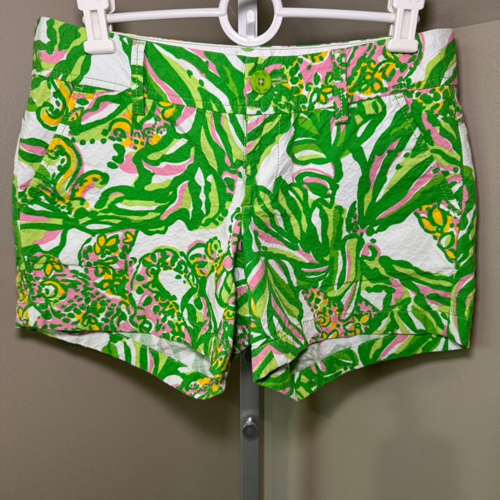 Lilly Pulitzer Women's Callahan Shorts Sz 0‎ White Green Pink Print Cotton Blend